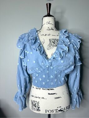 Urban Outfitters Light Blue Floral Ruffle V-Neck Smocked Waist Top